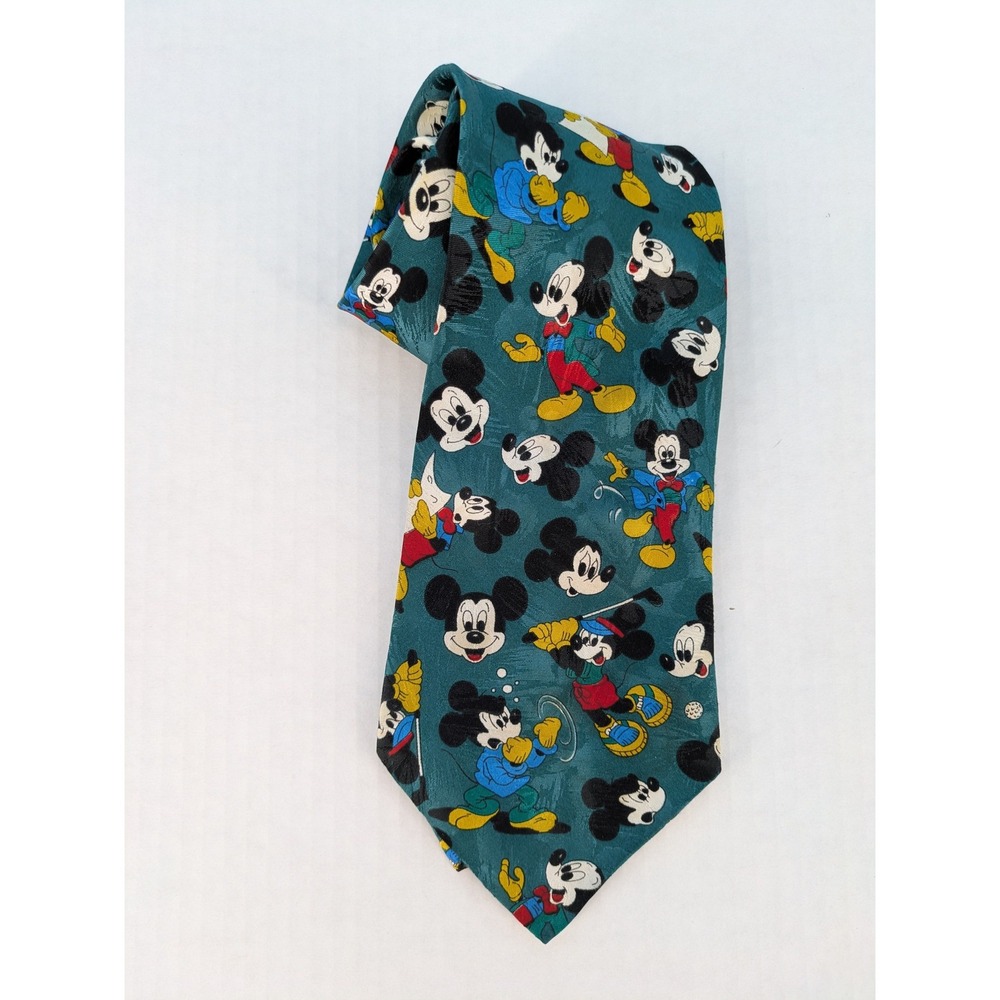 Mickey Unlimited Disney Mouse Necktie Green Sports Golf Boxing Vintage Tie Dad - Picture 4 of 5